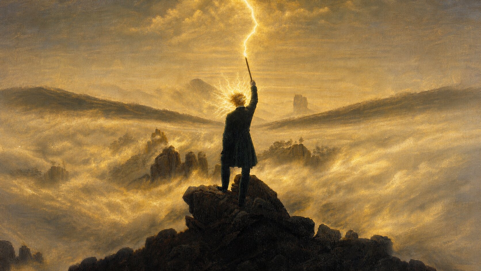 Reinterpretación cinematográfica del caminante invocando un rayo dorado mientras las nubes se transforman